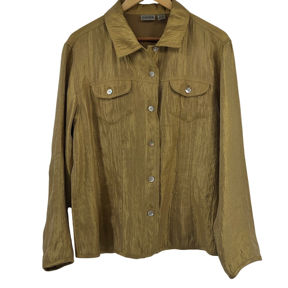 Chicos Gold Metallic Textured Button Down Jacket Shirt Women Size 3 XL‎ Shimmer
